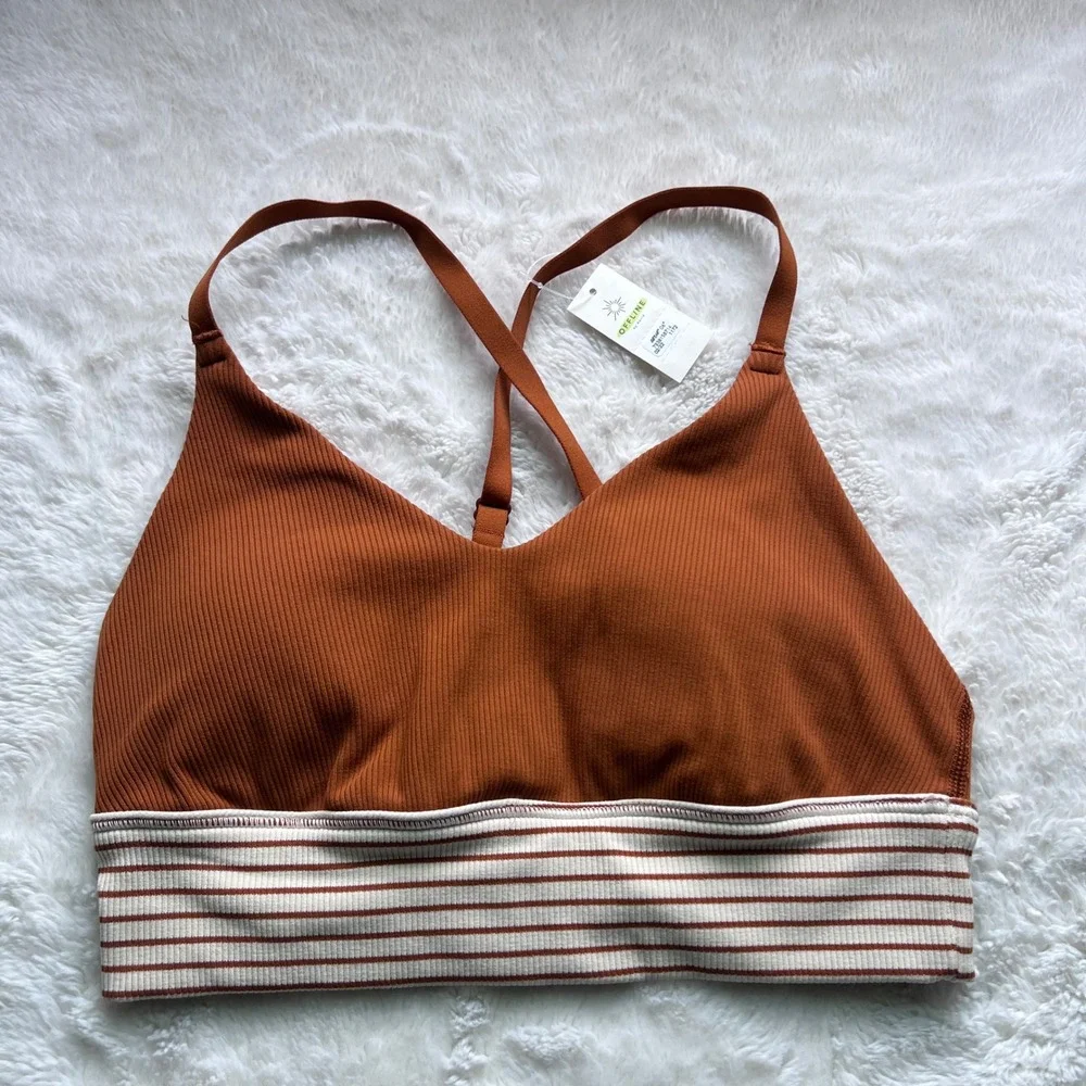 OFFLINE by Aerie Womens Ribbed V-Neck Sports Bra Rust Orange Striped Band Size M